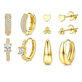 ZELORES Small Chunky Gold Hoop Earrings for Women-5 Pairs Sterling Silver Post Huggie Earring Stacks for Multiple Piercing Trendy Cartilage Hypoallergenic Earings for Sensitive Ears(Chunky Hoop)