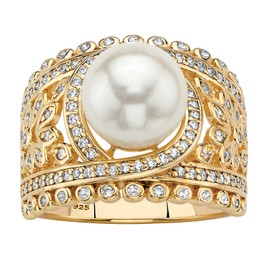 14K Yellow Gold over Sterling Silver Simulated Pearl and Cubic Zirconia Floral Ring Size 7