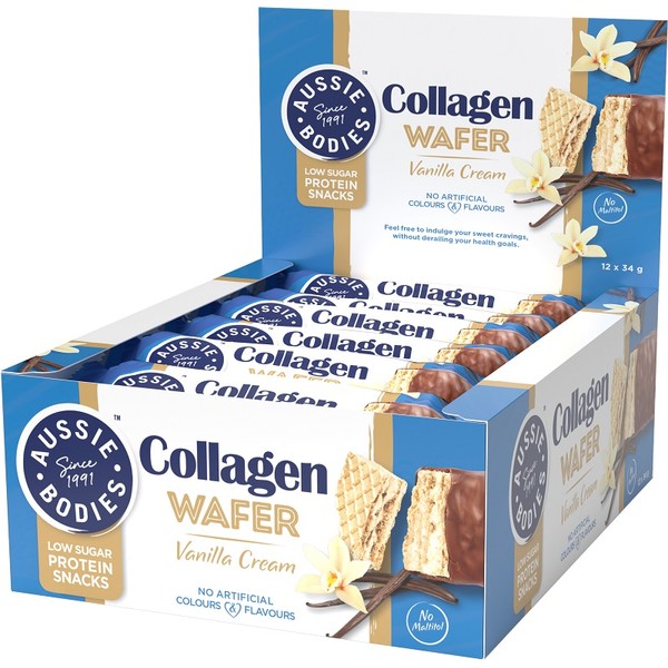 Aussie Bodies Collagen Wafer Bars 12 x 34g - Vanilla Cream - Expiry 19/05/24