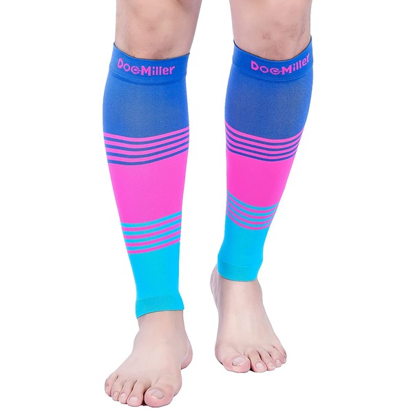 Doc Miller Calf Compression Sleeve - Dress Series 1 Pair 20-30 mmHg Fashionable Calf Support Socks for Travel Restless Legs Pregnancy Recovery Shin Splints for Nurses Athletes (Blue.Pink.Blue, L)