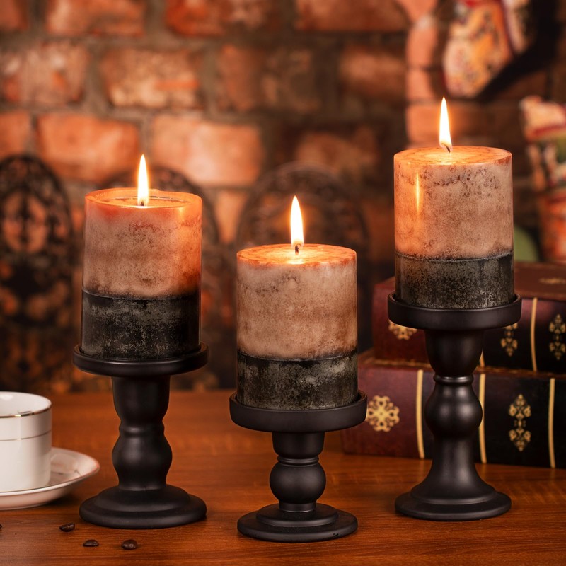 KONNI Coffee Layered Pillar Candles Set of 3, 3"x 4"