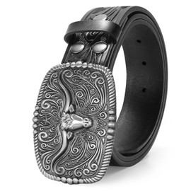 TRIWORKS Western Buckle Belt for Men Women Cowboy Leather Belt Country Belt Embossed Leather Belt Men Engraved Western Belt