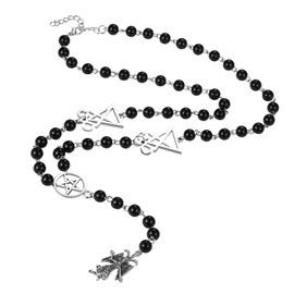 Flonge Women's Religious Rosary Necklace: Mystic Satan Goat Mendez Pendant Necklace Black Rosary Beaded Necklaces Fashion Jewelry Gift for Women Men