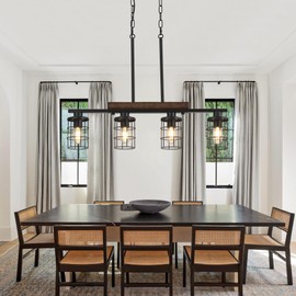 LmnLvn Dining Room Light Fixture/Chandelier Over Table, 29.6-Inch Hanging for Farmhouse Linear Chandeliers,4-Light Kitchen Island Lighting, Black Rustic Wooden Ceiling Chandelier,with Metal lampshade