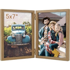 5x7 Picture Frames Double Hinged Wood Folding Photo Frames Vertical with Real Glass Front, Black - Color: Wood Grain, Size: 5x7 in