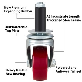 Finnhomy Caster Wheels 3 Inch Prep Table Caster Set of 4 Expanding Stem Wheels Heavy Duty Fit 7/8" and 1" Tube Leg Industrial Swivel Castor Wheels for Stainless Steel Table/Cart/Worktable Leg, Red