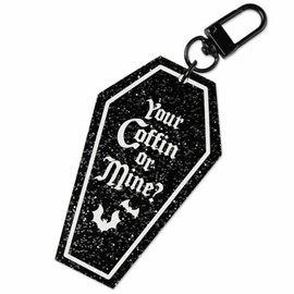 TeesAndTankYou Your Coffin Or Mine Coffin Shaped Keychain Key Tag 3" Black Glitter