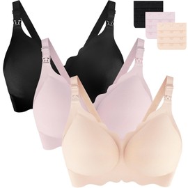 UHdod Supportive Nursing Bras for Breastfeeding with Extender, 3 Packs Seamless Wireless Maternity Bra for Pregnancy, Breastfeeding Bras for Women, Maternity Pregnancy Bras for Women L
