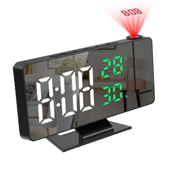 OQIMAX Projection Alarm Clock, Digital Alarm Clock with Projection, Projection Clock with Temperature and Humidity, 180° Projector, Digital Alarm Clock with 7.8 Inch LED Mirror Screen, Snooze, 4