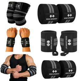 Kit Vendas Para Rodilla Knee Wraps + Coderas +muñequeras Gym Compresion, elasticas provee Apoyo y compresion para Levantamiento de Peso, sentadillas, 