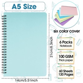 ausurme Spiral Notebook,6 Pack A5 5.7 x 8.3 Inch Spiral Lined Notebook,Thick Paper Hardcover Spiral Notebooks,College Ruled Notebooks for Writing School Office Business,60 Sheets 120 Pages,6 Colors