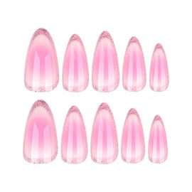MISUD Press on Nails Medium Almond Fake Nails Glossy Glue on Nails Pink Ombre Acrylic Nail Supplies Stiletto Artificial Nail Art Bling Glitter Stick on False Nails with Design DIY 24 pcs