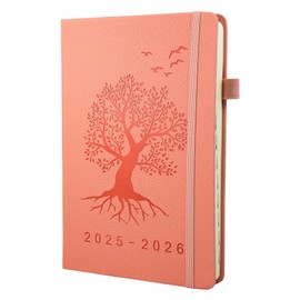 Academic Diary 2025-2026 A5 Day Per Page, 12 Months Diary 2025-2026 From Jul 2025 to Jun 2026, Tree of Life Design,Productivity A5 Daily Planner with Monthly Tabs Pen Loop and Inner Pocket (Pink)