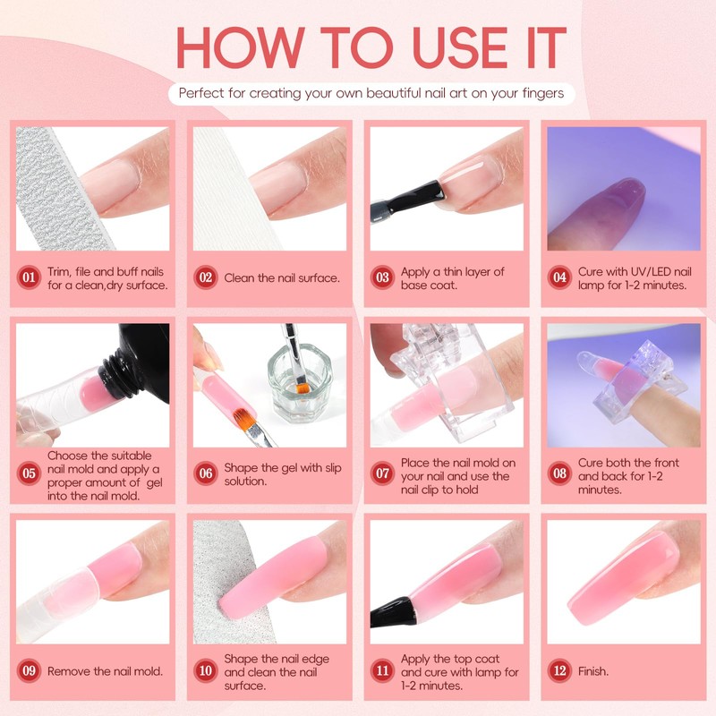 PEACECOLOR Poly Gel Nails Set, 3 Colours, Pink, Blanco, Nude