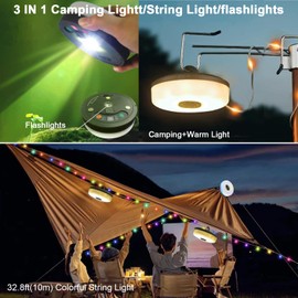 QSPORTPEAK Camping Lichterkette Aufrollbar, 3-in-1 Tragbare Wiederaufladbare LED Lichterkette mit 8 Beleuchtungsmodi, Wasserdichte Campinglampe Taschenlampe für Camping, Hof und Wandern
