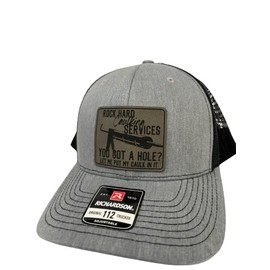 Rock Hard Caulking Services Leather Patch Trucker Snapback Baseball Hat- 112 Trucker Hat - Inappropriate Trucker Hats - Birthday Gifts For Men - Funny Blue Collar Gifts For Men (Heather Grey)