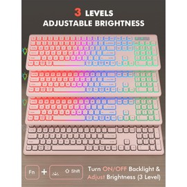 Wireless Keyboard and Mouse Combo - RGB Backlit, Rechargeable & Light Up Letters, Full-Size, Ergonomic Tilt Angle, Sleep Mode, 2.4GHz Quiet Keyboard Mouse for Mac, Windows, Laptop, PC, Trueque, Pink