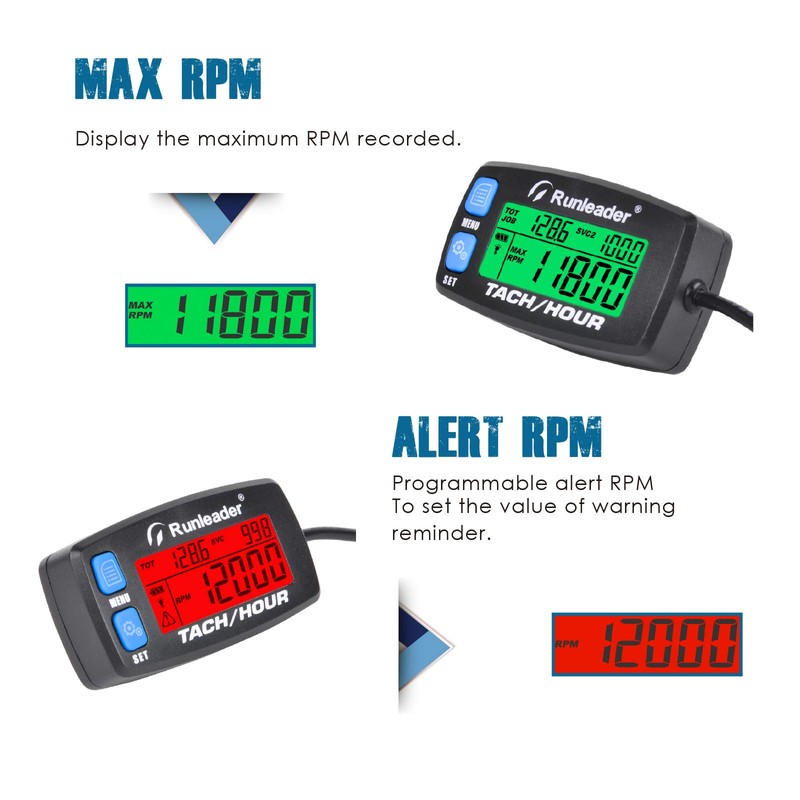 Runleader Hour Meter Tachometer,Maintenance Reminder,Alert RPM,Backlit Display,Initial Hours Setting,Battery Replaceable,Use