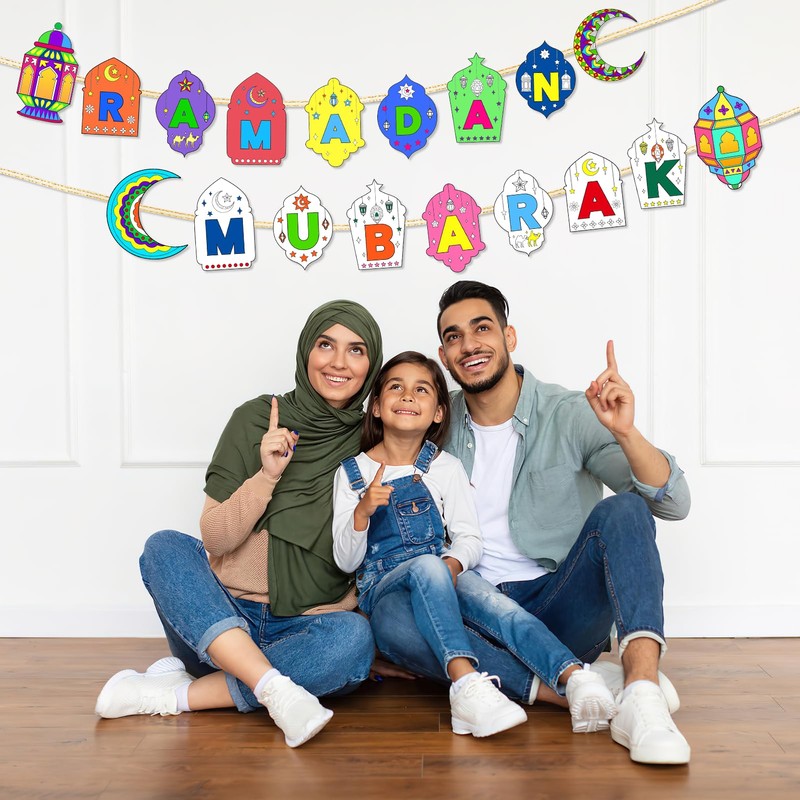 HOWAF 5pcs Eid Mubarak Ramadan Mubarak Coloring Banner with 24