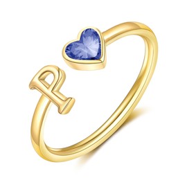 GLEZZA Initial Rings for Women Teen 14K Gold Plated Birthstone Rings Stackable Dainty Letter Rings Christmas Birthday Birthstone Jewelry Gifts for Mother Daughter,Adjustable Size 5-10, Metal, Cubic