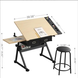 Heemab Height Adjustable Drafting Table with Stool, 2 Non-woven Storage Drawers - Tiltable Art Desk for Artists, Painters, and Students - Multi-Functional Workstation for Home, Office, and Studio