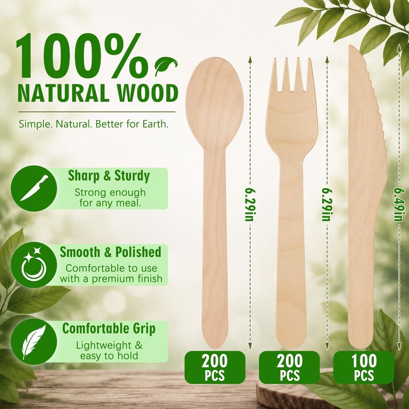Mwellewm 100% Compostable Cutlery Set Wooden Utensils Disposable Silverware