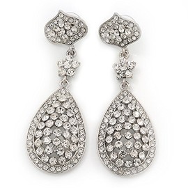 Diamante Teardrop Earrings In Silver Plating - 7cm Length