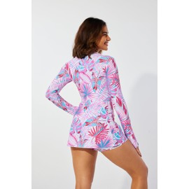 Cagola Modest Swimsuits for Women Long Sleeve Bathing Suit Rash Guard Swimsuit Swim Dress Conservative Swimwear Burkini Pink Leaf M