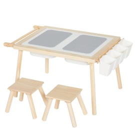 COOKIE BUNNY Kids Sensory Table and Chair Set, 5 in 1 Wooden Sand and Water Table for Building Blocks Study Dining Toys Storage, Gift for Boy and Girl