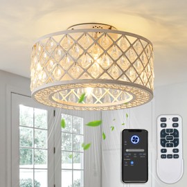 18 Inch Caged Ceiling Fans with Lights, Low Profile Ceiling Fan and Remote/APP Control Fandelier Crystal Fan Light for Bedroom Living Room Dining Room Kitchen Indoor, Including Bulb (Rustic White)