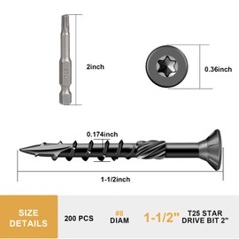Fmjdnls Deck Screws 1-1/2 Inch, Wood Screws #8×1-1/2, 200 Pcs, Black Rust Resistant Epoxy Coated, Outdoor Decking Screws, Torx/Star Drive Head Exterior Deck Screw, T25 Star Bit Included