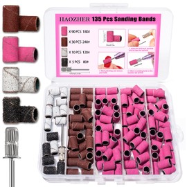 Haozher Nail Drill Bits, 135 Pcs Sanding Bands for Nail Drill, Nail Tips for Drill Bits Nail Tech, Mix 80#120#180#240# Fine Grit File Sanding Bands for Acrylic Gel Manicures Pedicure
