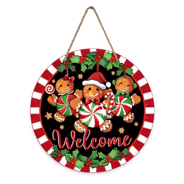 Deroro Welcome Christmas Gingerbread Man Front Door Sign, Xmas Peppermint Candy Wood Door Hanger Outdoor Outside Porch Decor, Stripes Holly Berry Holiday Wooden Wreath Indoor Wall Hanging Decoration