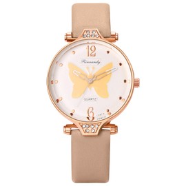 JewelryWe Butterfly Dial Leather Watch: Ladies Yellow Simple Casual Analog Quartz Rhinestone Elegant Cute Preppy Wrist Watch Gift for Women Girls