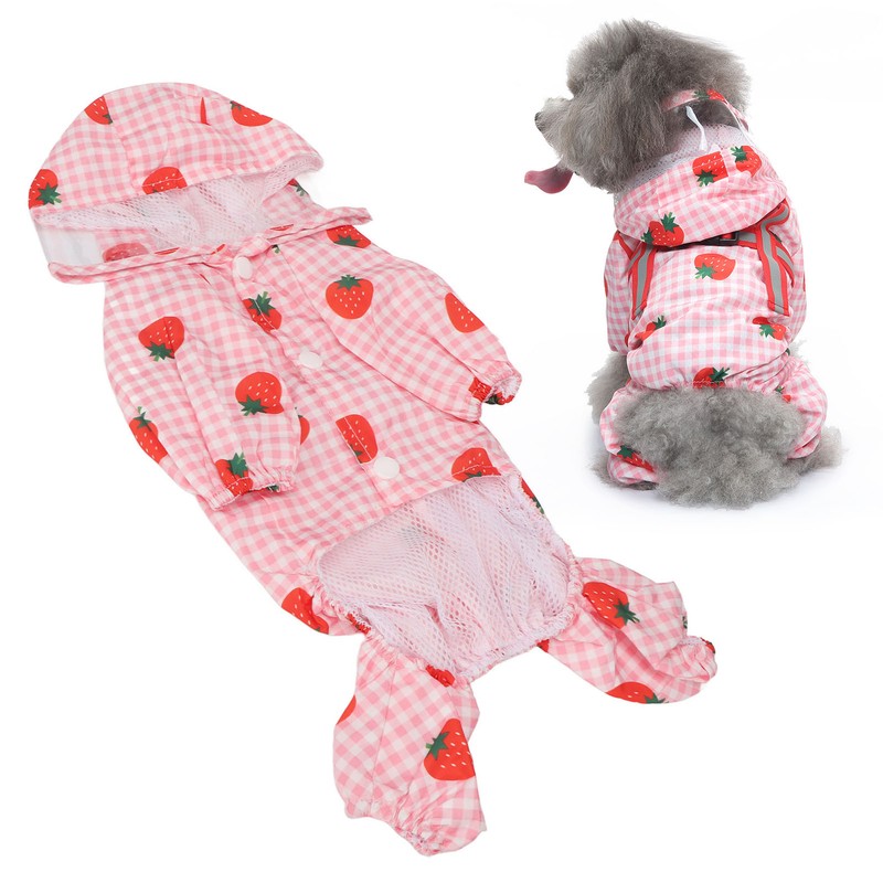 Dog Raincoat Hooded Reflective Breathable Lightweight Strawberry Patterns Puppy Rain