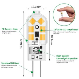 Tailcas Tailcas G4 Led Birne Warmweiss, 1.2W 12V Lampen, Ersatz fr 10W Halogenlampen, 120lm 3000K 360 AC/DC Leuchtmittel, Kein Flackern Nicht Dimmbar Stiftsockellampe Glhbirnen, 10er Pack