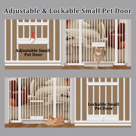 WAOWAO 1.37" Ultra Narrow Spacing Gate with Adjustable Cat Door 61.61-69.48" Extra Wide Baby Dog Gate Pressure Mounted Walk Through Double Lock White Metal Child Dog Pet for Indoor,Doorway,Kitchen