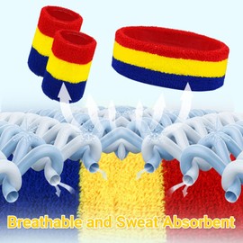 24 Pcs Neon Sweatbands Set Include 8 Pcs Sports Headband and 16 Pcs Cotton Wristbands 80s Neon Sweat Bands Bulk for Gym, Tennis, Basketball, Running, Exercise (Red Yellow Blue)