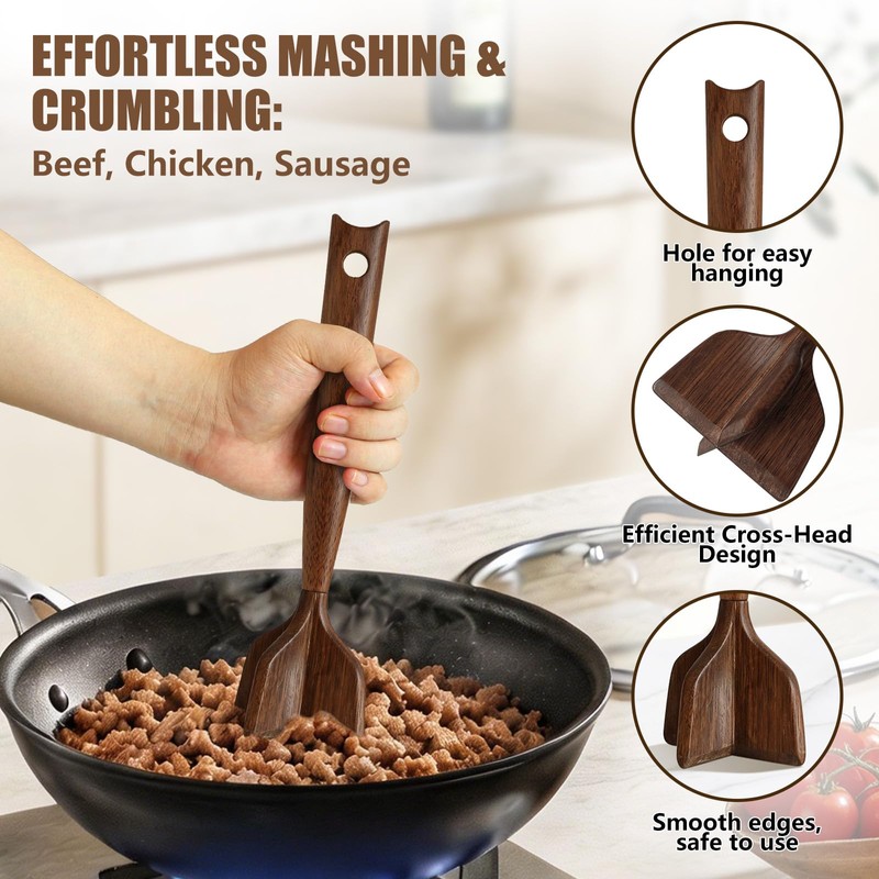 Wooden Meat Chopper, Meat Masher Wood Smasher Kitchen Tool for