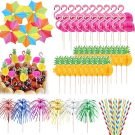 Cocktail Accessories for Drinks – 100PCS Cocktail Decorations Set with Flamingo & Pineapple Sticks, Cocktail Umbrellas, Paper Straws & Toppers, Summer Party Barware for Beach, Pool & BBQ Fun