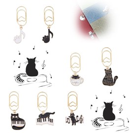 SUPERFINDINGS 7 Style Bookmarks with Music Cats Theme and Paper Clip Cute Alloy Enamel Bookmark with Cat Pendant Black White Cartoon Paper Clip for Organising Documents