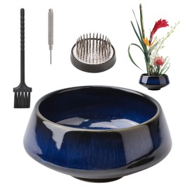 WANDIC Kiln to Blue Flower Arrangement Supplies, 4.4’’ Round Bowl & 4cm Floral Frog for Ikebana Ceramic Floral Vase for Floristry Arranging
