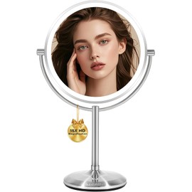 VESAUR 1X15X HD Lighted Makeup Mirror, 9" Large 5000mAh Rechargeable Double Sided Magnifying Mirror with 3 Touch Dimmable Light, 360°Rotation Detachable for Travel Vanity Mirror, Pearl Nickel, Gifts