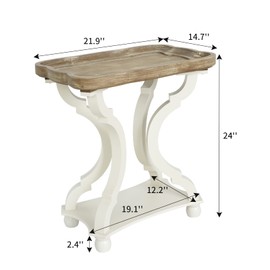 Elesuli Accent Wood Farmhouse End Table Side Tables Nightstand Natural Tray Top and Distressed Carved Legs for Bedroom Living Room, White