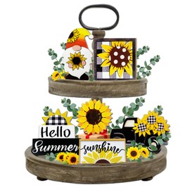 Guoofu Summer Tiered Tray Decor, Farmhouse Sunflower Tray Decorations, Hello Spring Summer Sunflower Gnome Sunshine Truck Wooden Signs, Buffalo Plaid Rustic Home Decor for Table Mantel Office Party