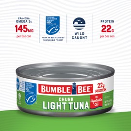 Bumble Bee Chunk Light Tuna In Oil, 5 oz Cans (Pack of 48) - Wild Caught Skipjack Tuna - 22g Protein Per Serving - MSC Certified Sustainable Seafood, Non-GMO, Gluten Free, Kosher