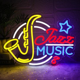 Folkive Jazz Music Neon Sign for Wall Decor Dimmable Saxophone Led Sign for Music Studio Vintage Jazz Neon Light for Recording Room Live Show Bar Man Cave Club Party Retro Home Decoration