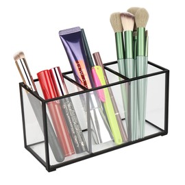 ELEGANTLIFE Clear Glass Makeup Brush Organizer,Luxurious Tempered Glass Cosmetics Brushes Storage Holder for Refined Bathroom Decor (Black, 3 Sections)