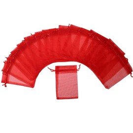 Bezall 100Pcs Christmas Organza Bags 4x6 Inch, Red Drawstring Wedding Party Favor Holiday Gift Bags Sheer Jewelry Candy Pouches
