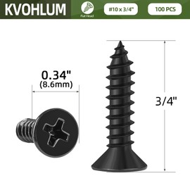 100 PCS #10 x 3/4" Black Sheet Metal Screws, Flat Head Phillips Fast Self Tapping Screws, Countersunk Head Wood Screws, Carbon Steel, Screwdriver Bit Included